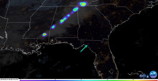 As rain fell on Mississippi and Alabama, the National Meteorological Service's GOES satellite detected a trace of a meteor crossing the sky.