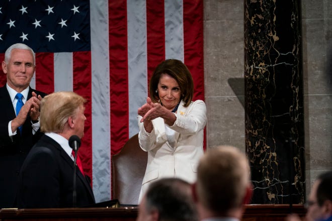 House Speaker Nancy Pelosi applauds President Donald Trump during his State of the Union speech in the House Chamber, Tuesday, Feb. 5, 2019.
