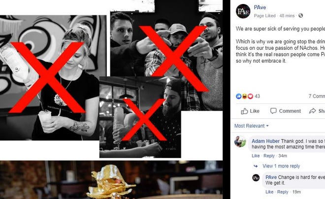 A screenshot of the PAve April Fool's Day post on Facebook, in which the downtown bar swears off alcohol and promises to focus on nachos.