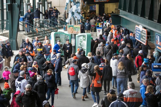 Fans gather before the Detroit Tigers face the Pittsburgh Pirates at Comerica Park for the opening day in Detroit on Friday, March 30, 2018.