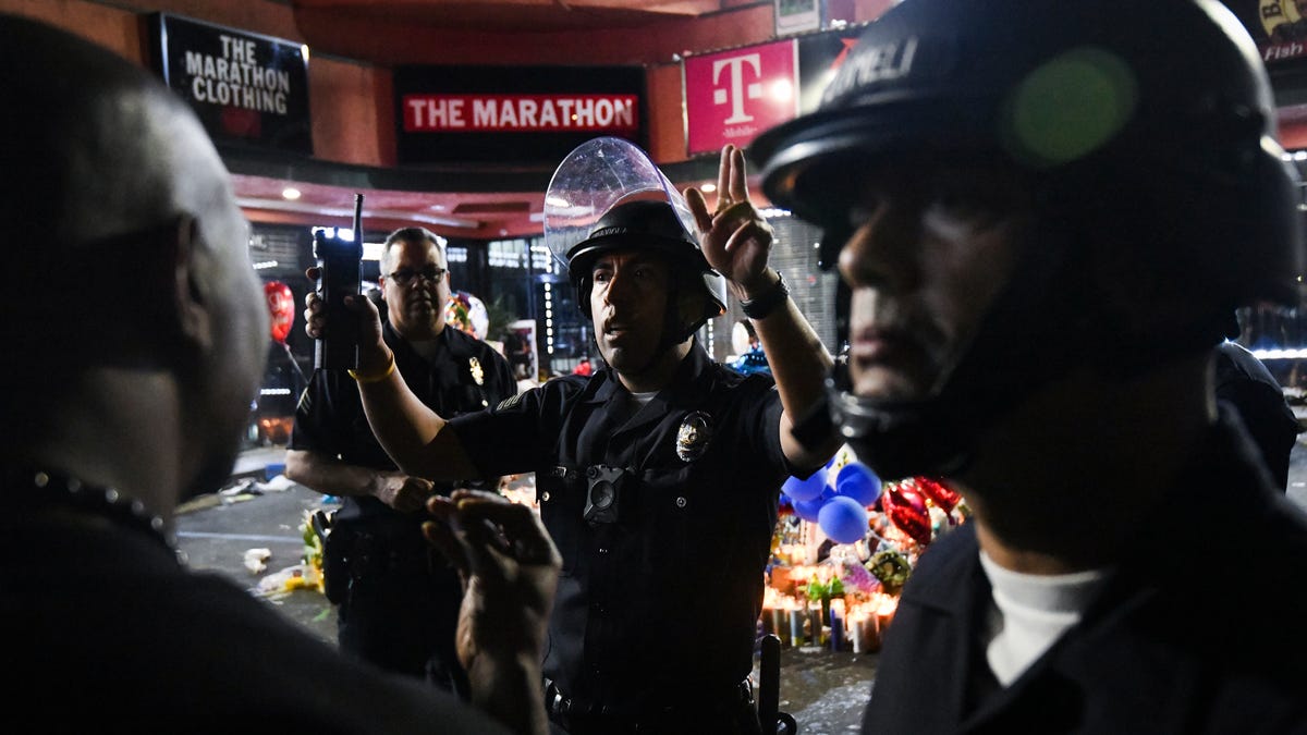 LAPD shut down the corner of Slauson and Crenshaw after multiple people were stabbed during a vigil for Nipsey Hussle on April 1, 2019 in Los Angeles.