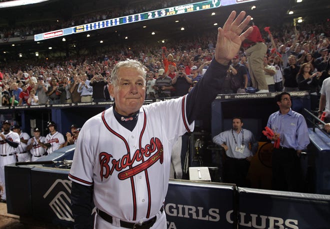 Atlanta Braves manager Bobby Cox waving to fans after a 3-2 loss to the San Francisco Giants,  in Game 4 of the 2010 National League Division Series, in Atlanta. Cox, who was a Pioneer League All-Star third baseman while playing for the Great Falls Electrics in 1963, has been hospitalized after reportedly suffering a stroke.