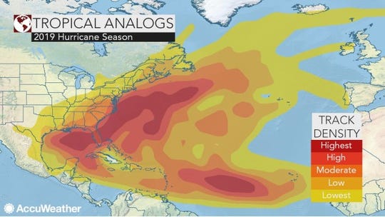 The tropical track density map  was created by analyzing analog years, which are past years that have weather patterns similar to current and projected weather patterns.