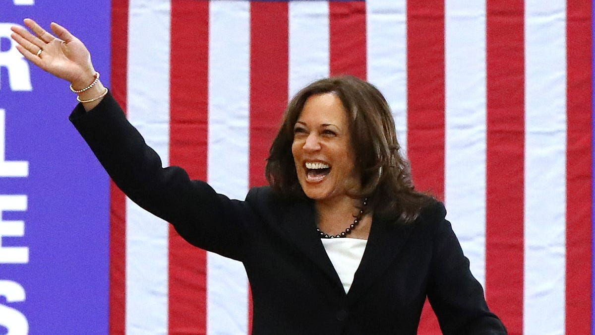 Sen. Kamala Harris, D-Calif., takes the stage for a campaign rally at Morehouse College, March 24, 2019, in Atlanta.