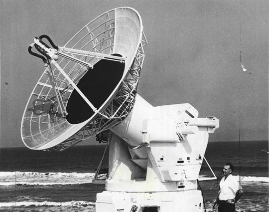 A radar antenna at the missile tracking station in 1961. The southern tip of Marco Island's beach spent years during the Cold War as a missile tracking station administered by the Air Force. Photo courtesy of Craig Woodward