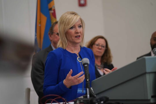 Lt. Gov. Bethany Hall-Long speaks at a press conference where the Pew Charitable Trusts gave a recommendation to the state's Behavioral Health Consortium.