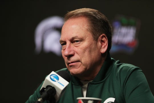 Michigan State Head Coach Tom Izzo chats with reporters before training for their NCAA semifinal match against Texas Tech on Friday, April 5, 2019, at US Stadium in Minneapolis, NC. Minnesota.