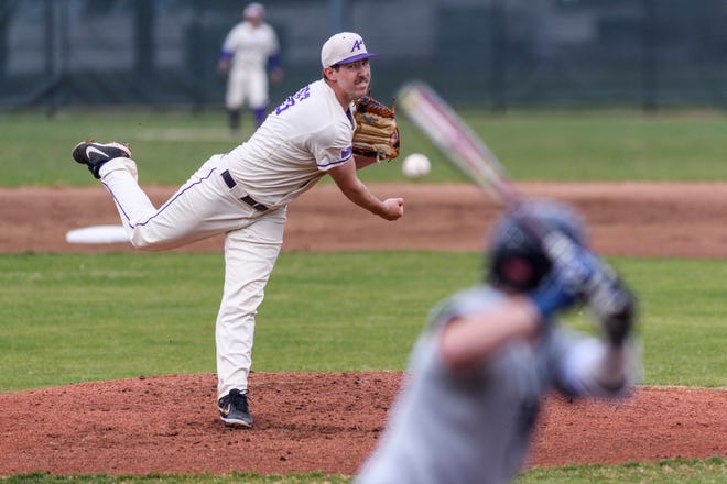 University of Evansville's Adam Lukas (36) pitches during a game against the Dallas Baptist University Patriots at Charles H. Braun Stadium in Evansville, Ind., Friday, April 5, 2019. The Purple Aces defeated the Patriots, 8-3, in the first of a three-game home series. 