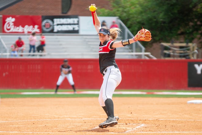 UL's Summer Ellyson pitches the ball to the batter as the Ragin' Cajuns take on the University of Texas Arlington Mavericks in a double-header at Yvette Girouard Field on Saturday, April 6, 2019.