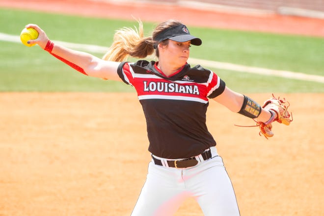 UL's pitcher Summer Ellyson winds up a throw as the Ragin' Cajuns take on the University of Texas Arlington Mavericks in a double-header at Yvette Girouard Field on Saturday, April 6, 2019.