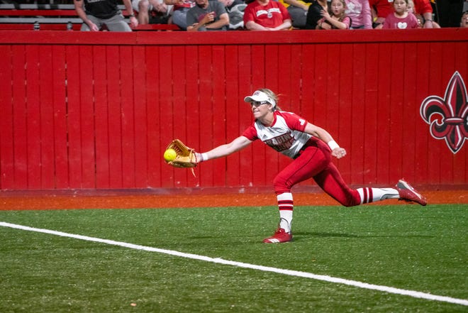 UL's Sarah Hudek makes a catch in the outfield to get the last out of the inning as the Ragin' Cajuns take on the University of Texas Arlington Mavericks at Yvette Girouard Field on Friday, April 5, 2019.