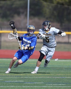 Webster Schroeder ’s Cole Bollin tries to get by Honeoye Falls-Lima’s Devin Rogers.
