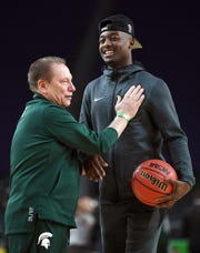 Michigan State Head Coach Tom Izzo with injured guard Joshua Langford at a training session for the Final Four on Friday, April 5, 2019 in Minneapolis.