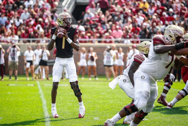 Florida State quarterback James Blackman completed 23 of 37 passes for 415 yards and three touchdowns during the Spring Game at Doak Campbell Stadium.
