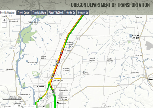 Trip Check map of backed up traffic on I-5 at 5:45 p.m.