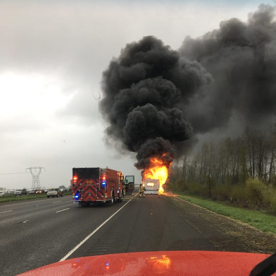 A motorhome was engulfed in flames April 6, 2019, as the first firefighters arrived on the scene.