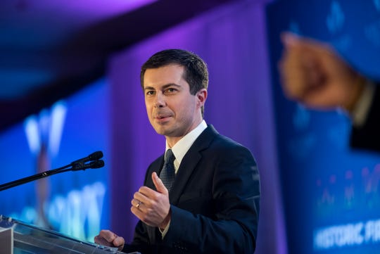 Democratic presidential candidate Pete Buttigieg speaks at the LGBTQ Victory Fund National Champagne Brunch on April 7, 2019 in Washington.