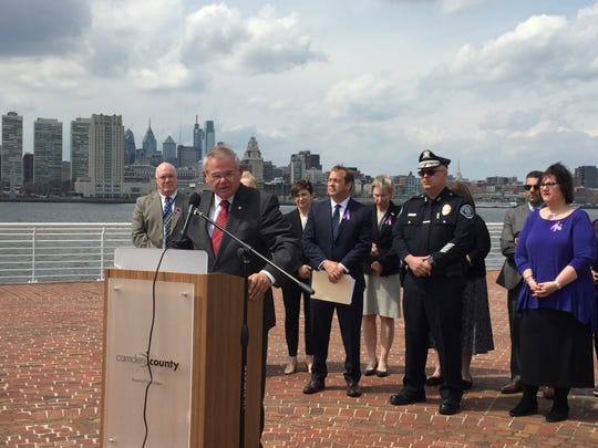 U.S. Sen. Robert Menendez announces bipartisan legislation aimed at stemming the flow of illicit fentanyl, a deadly synthetic opioid, into American ports. Menendez, speaking on the Camden Waterfront Monday, is flanked by Camden County officials.