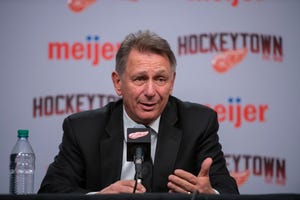 General manager Ken Holland is interviewed when the Red Wings cleaned out their lockers at LCA on Monday.