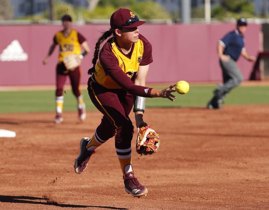 ASU shortstop Jade Gortarez throws to third base against UCLA during the second inning at Farrington Stadium in Tempe, Ariz. April 7, 2019.