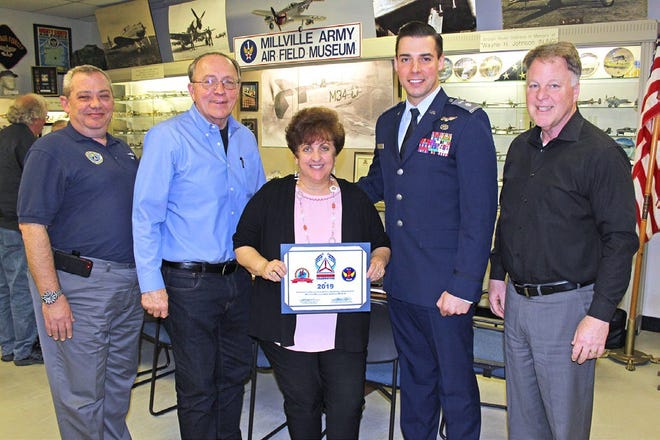 (From left) Lt. Col. Robert E. Jennings, vice commander for operations, New Jersey Wing, Civil Air Patrol; Russell Davis, board chairman, Millville Army Air Field Museum; Lisa Jester, executive director, MAAFM; Lt. Col. Zachary King, government relations advisor, New Jersey Wing, Civil Air Patrol; and Chuck Wyble, president, MAAFM, were present as the museum received recognition for its partnership with and support of the Civil Air Patrol.