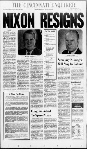 1974
The Cincinnati Enquirer front page, Aug. 9, 1974. President Richard Nixon resigns.
The Cincinnati Enquirer front page, August 9, 1974.
President Richard Nixon resigns.