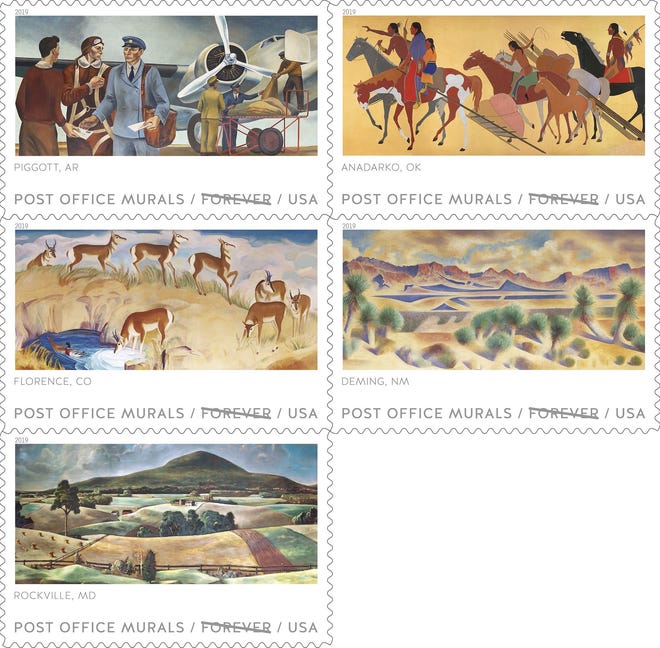 The full stamp sheet has five stamps honoring Post Office murals from around the country which also include murals from Florence, CO, Piggott, AR, Anadarko, Ok, and Rockville, MD.