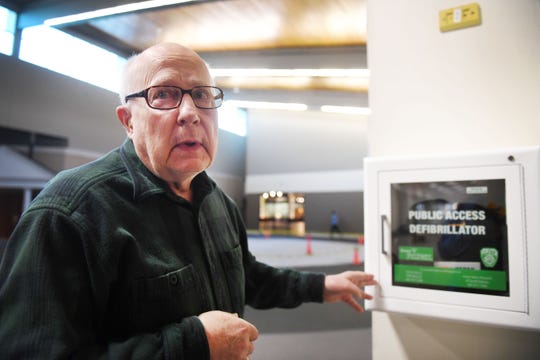 Bill Winness talks about the AED, Automated External Defibrillator, he used Tuesday, April 9, at the Western Mall in Sioux Falls. Winness' friend Keith, 81, suffered a heart attack last week during their normal walking route at the mall.