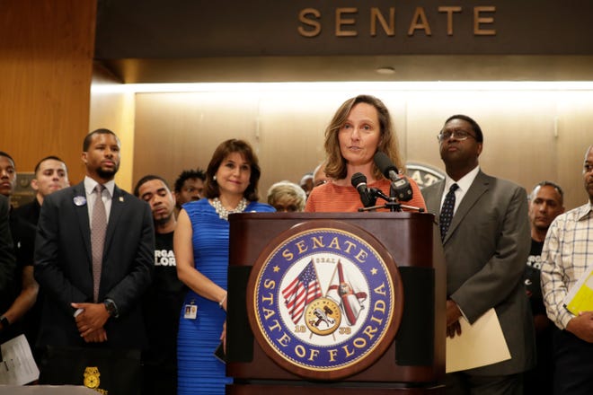 Aliki Moncrief, executive director of Florida Conservation Voters, speaks at a news conference held in opposition to Senate Bill 7096 in the fourth floor Capitol rotunda Tuesday, April 9, 2019. 