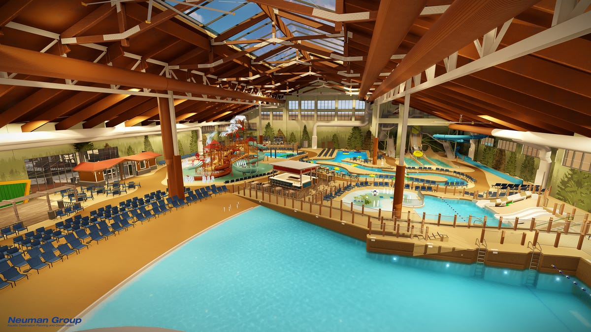 A rendering of the inside of the Great Wolf Lodge Arizona's water park. The 85,000 square foot facility will be climate controlled at 84 degrees and host several slides, raft rides, a wave pool and an area especially for kids under 42" tall.