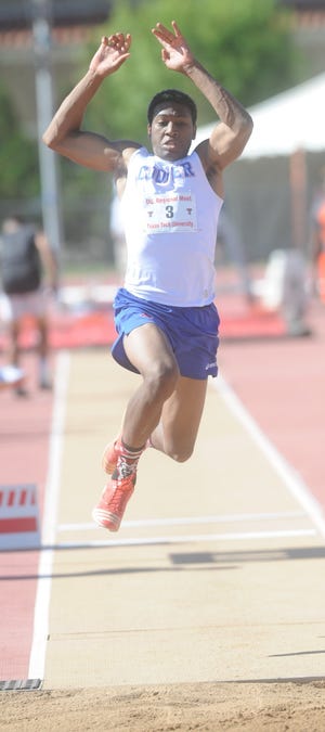 Sean Germany, shown here competing for Cooper in the triple jump at the Region I-5A meet in 2015 at Texas Tech’s Fuller Track in Lubbock, continues to shine for the McMurry track team.