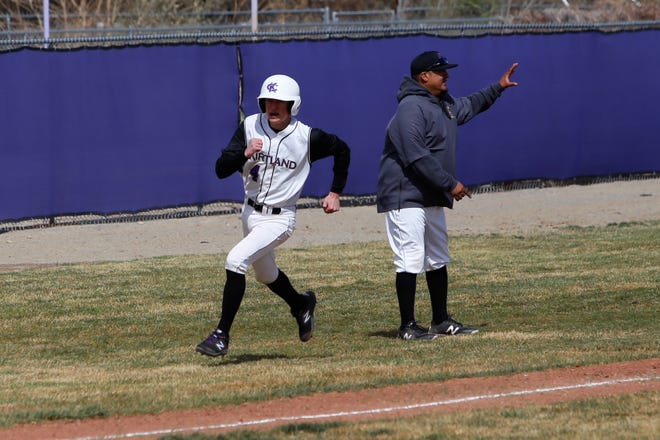 Kirtland Central's Liam Beckstead darts down the third base line and scores a run against Shiprock during Thursday's District 1-4A game at KCHS.