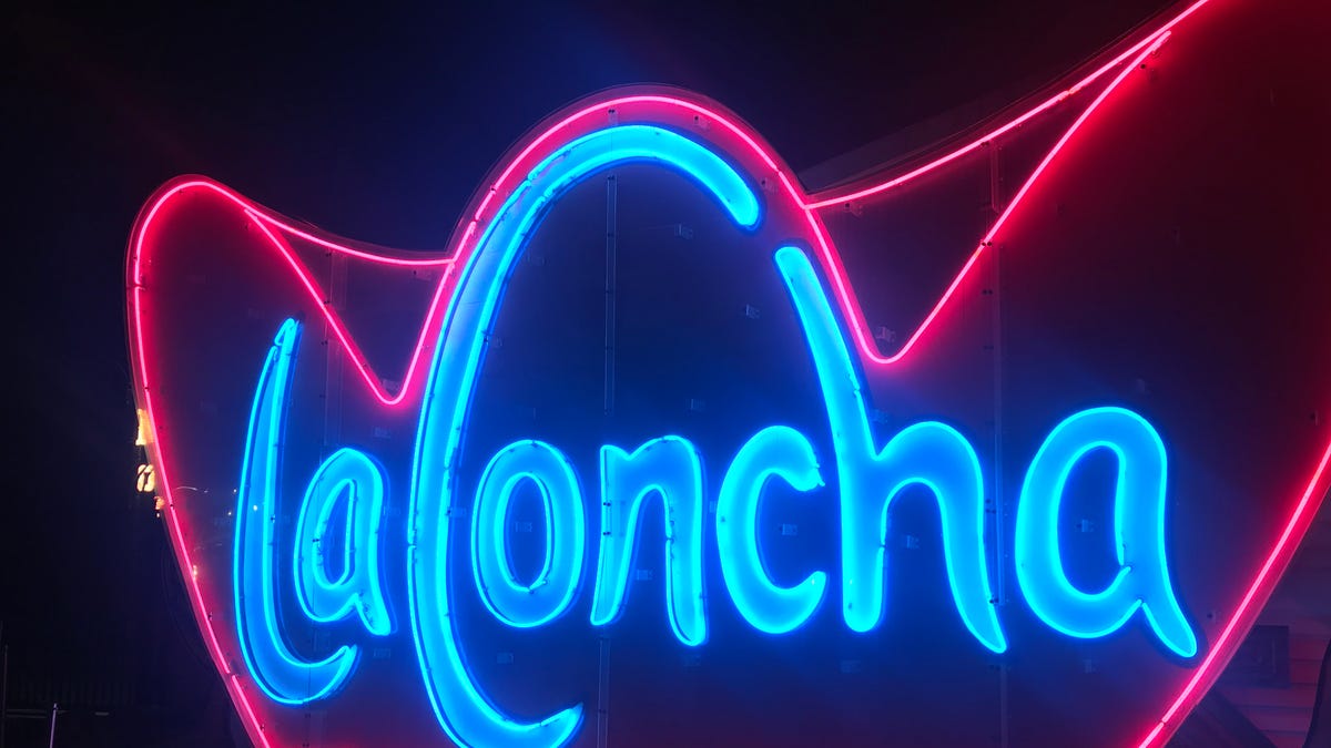 La Concha Motel sign at night at the Neon Museum. The hotel's lobby is now the lobby for the museum.