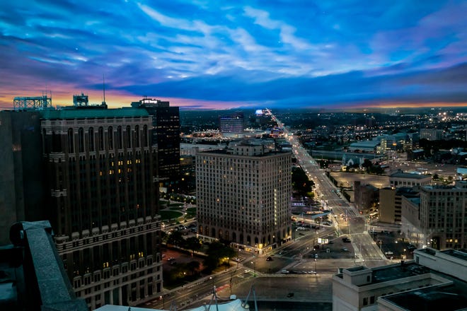 The view of the Detroit skyline is absolutely stunning from this penthouse condo at the top of the Westin Book Cadillac hotel building.