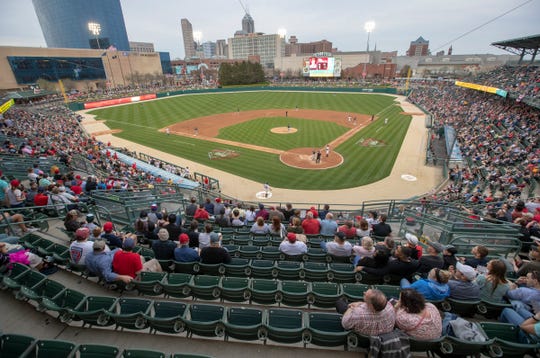 The view of the field during early inning action, Charlotte Knights at Indianapolis Indians, opening day for the Triple-A affiliate of Pittsburgh, at Victory Field, Indianapolis, Thursday, April 11, 2019.