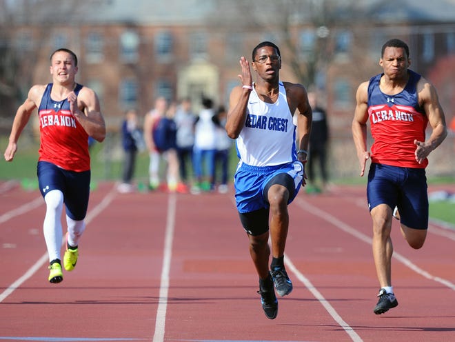 Cedar Crest's Jepel Gibbs sprints to victory in the 100 dash on Thursday.