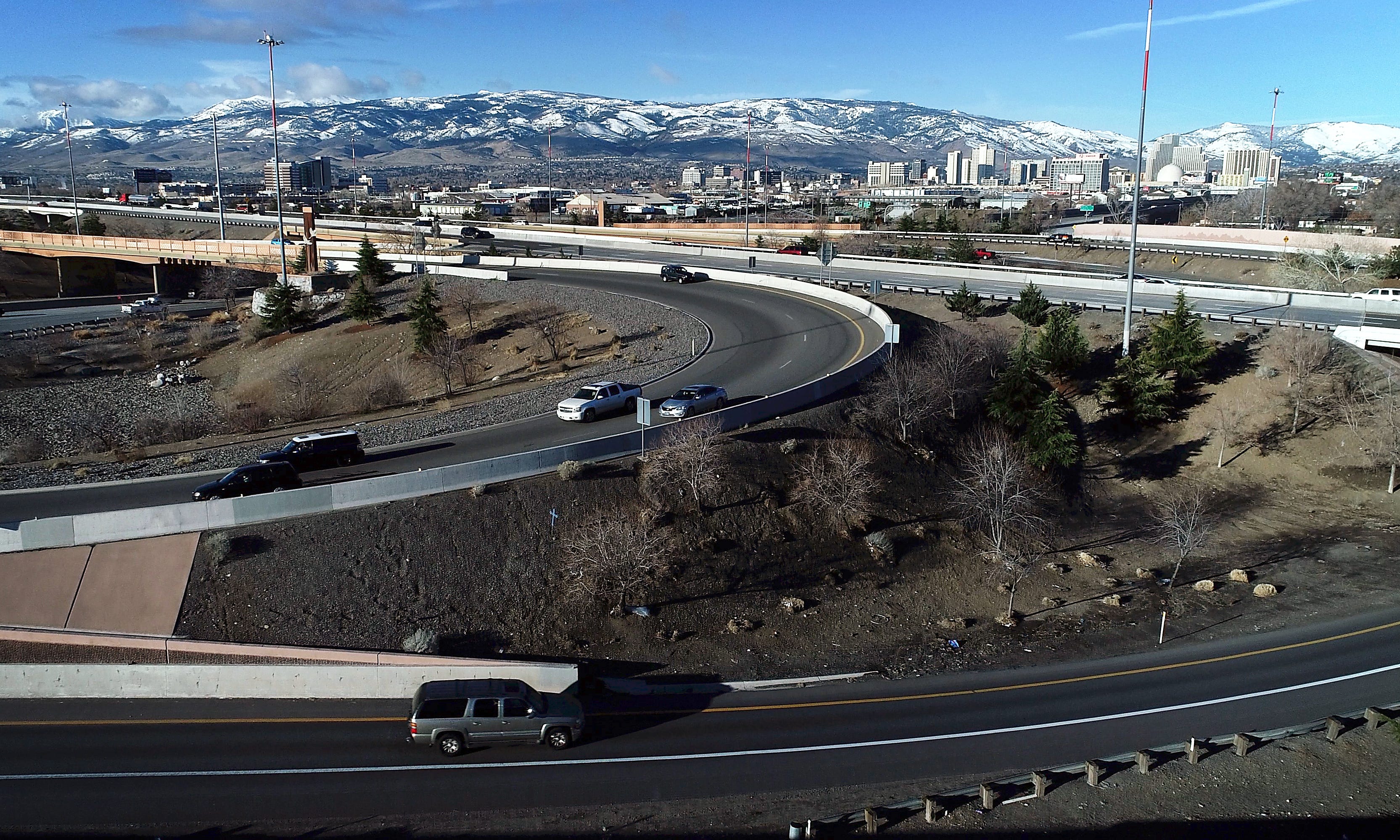 The Spaghetti Bowl is seen from a drone's perspective in Reno on April 2, 2019.