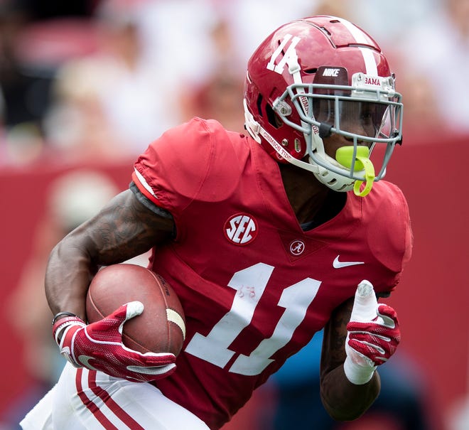 Alabama wide receiver Henry Ruggs, III, (11) returns a kick during first half action in the Alabama A-Day spring football scrimmage game at Bryant Denny Stadium in Tuscaloosa, Ala., on Saturday April 13, 2019. 