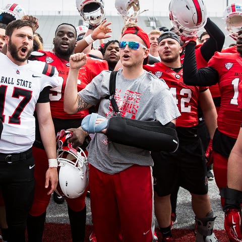 Ball State's Trey Uetrecht leads his team in...