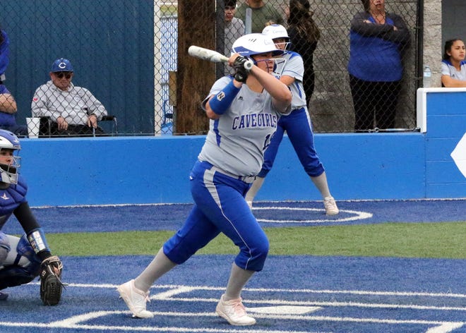 Carlsbad's Taighen Whitzel watches her no-doubt two-run homer leave the park in Game 1 of a doubleheader against Lovington on April 12, 2019. Whitzel added a double later in the game, going 3-for-4 with three RBIs in the 8-2 win.