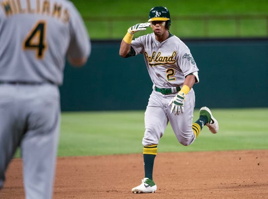 Oakland Athletics' Khris Davis (2) salutes coach of third base, Matt Williams (4), who is getting closer to third place in a home race against the Texas Rangers pitcher, Chris Martin, in the eighth inning of a baseball game on April 12, 2019 in Arlington, Texas. Oakland won 8-6. (AP Photo / Jeffrey McWhorter) ORG XMIT: ARL123