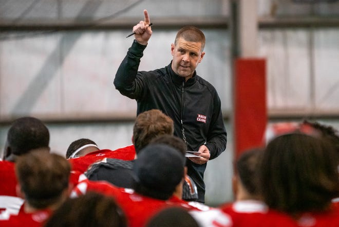 UL's head coach Billy Napier talks to his players after the game as the Ragin' Cajuns football team plays their annual Spring football game against one another in the Leon Moncla trainig facility on April 13, 2019.
