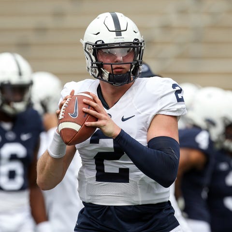 Penn State quarterback Tommy Stevens  looks to...