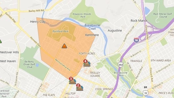Approximately 1,460 people were without power in Wilmington as of 2 p.m. Sunday afternoon.