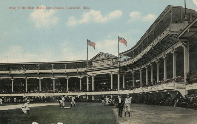 A postcard circa 1907 shows the grandiose Palace of the Fans grandstand at the Reds' League Park.
