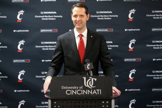 John Brannen is introduced as men's basketball head coach at the University of Cincinnati, Monday, April 15, 2019, at Fifth Third Arena in Cincinnati. Brannen formerly coached at Northern Kentucky University. 