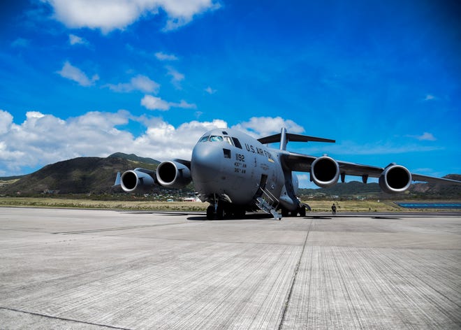 Joint Base Charleston, South Carolina, C-17 Globemaster III delivers humanitarian aid April 6, to St. Kitts and Nevis. This 315th Airlift Wing and 437th Airlift Wing joint mission successfully delivered 70,000 meals to St. Kitts and Nevis.
