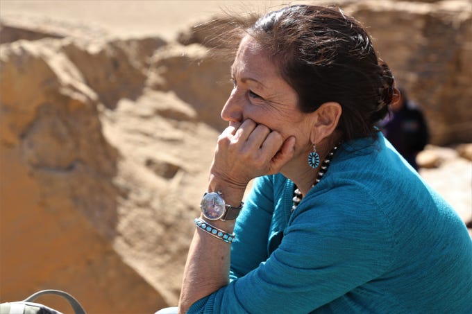 U.S. Rep. Deb Haaland, D-NM, sits at an overlook, Sunday, April 14, 2019, at Pueblo Bonito in Chaco Culture National Historical Park.
