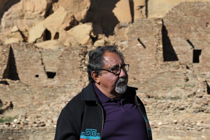 Rep. Raúl Grijalva, D-Ariz., visits Pueblo Bonito, Sunday, April 14, 2019, during a tour of Chaco Culture National Historical Park.