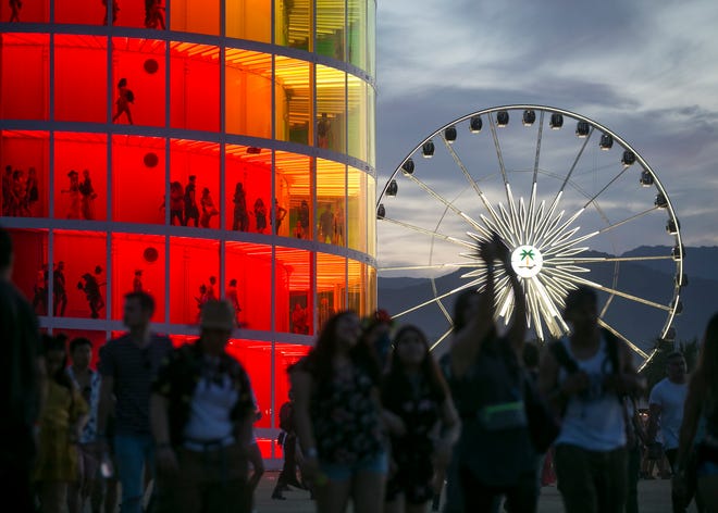 The sun sets over the Coachella Valley Music and Arts Festival in Indio, Calif., on Sunday, April 14, 2019.